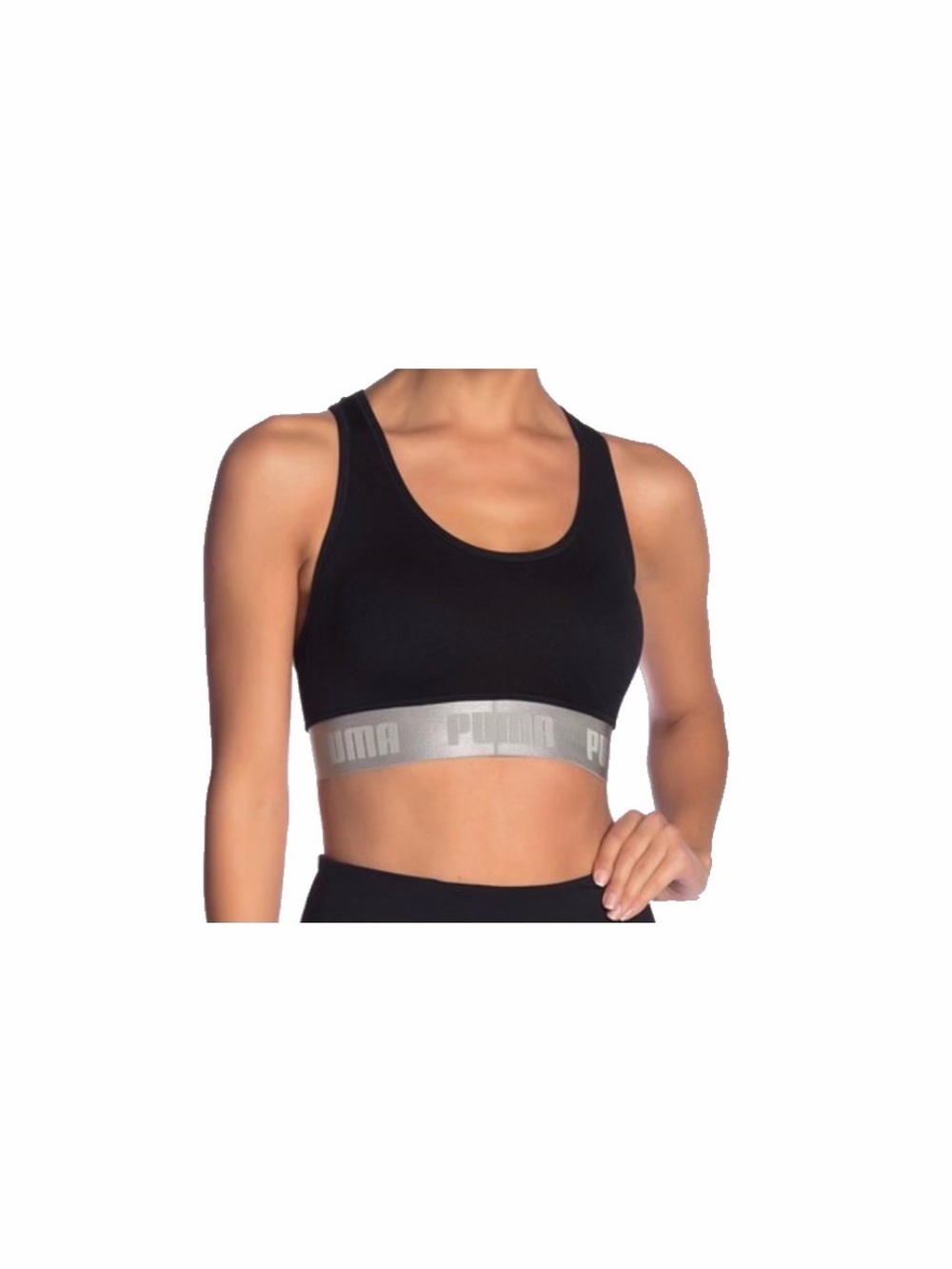 PUMA Black Ribbed Sports Bra with Silver Logo Band